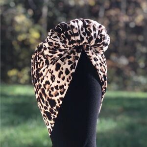 Leopard Print Turban Headwrap rolled knot beanie hat cheetah bow 1940s
